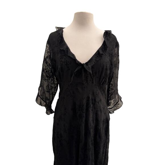 VIntage 90s Whimsigoth Black Midi Dress Sheer Lined Ruffle Fairygrunge Vneck Med - Picture 6 of 9